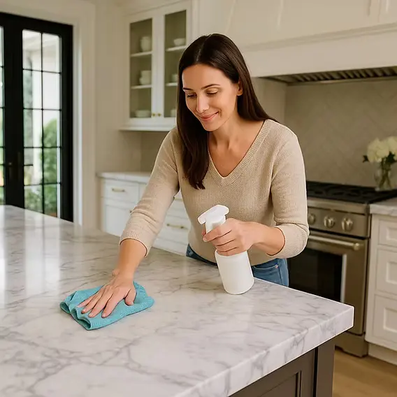 Person wiping a natural stone benchtop with a soft cloth